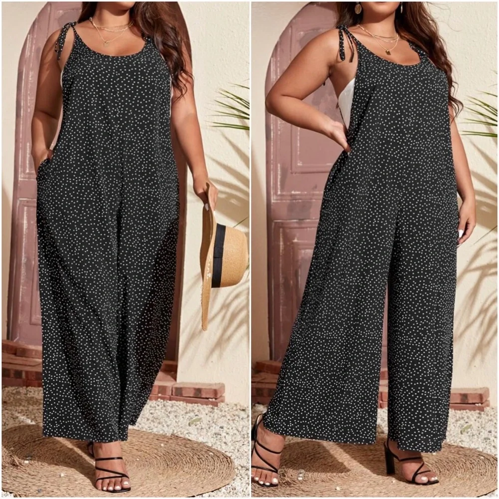 Boho Plus Polka Dot Pocket Wide leg Jumper Jumpsuit - Picture 1 of 5